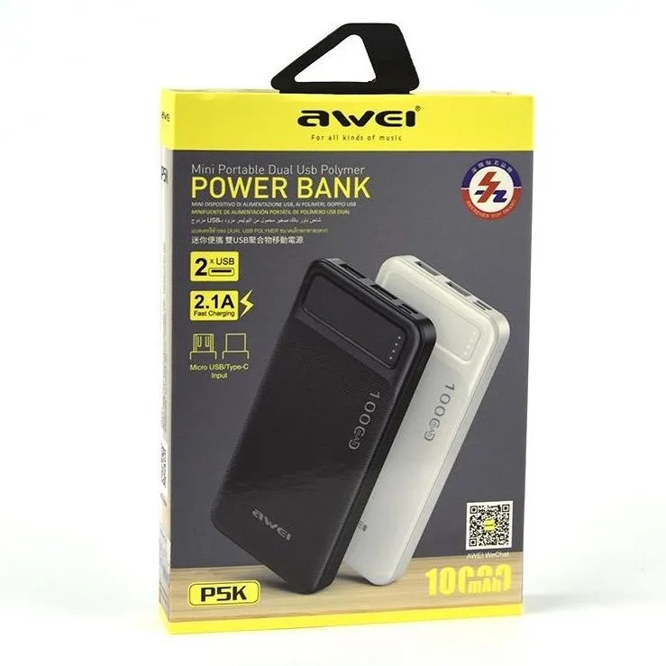 AWEI P5K 10000mAh Mini Portable Dual Usb Polymer Fast Charging Power Bank