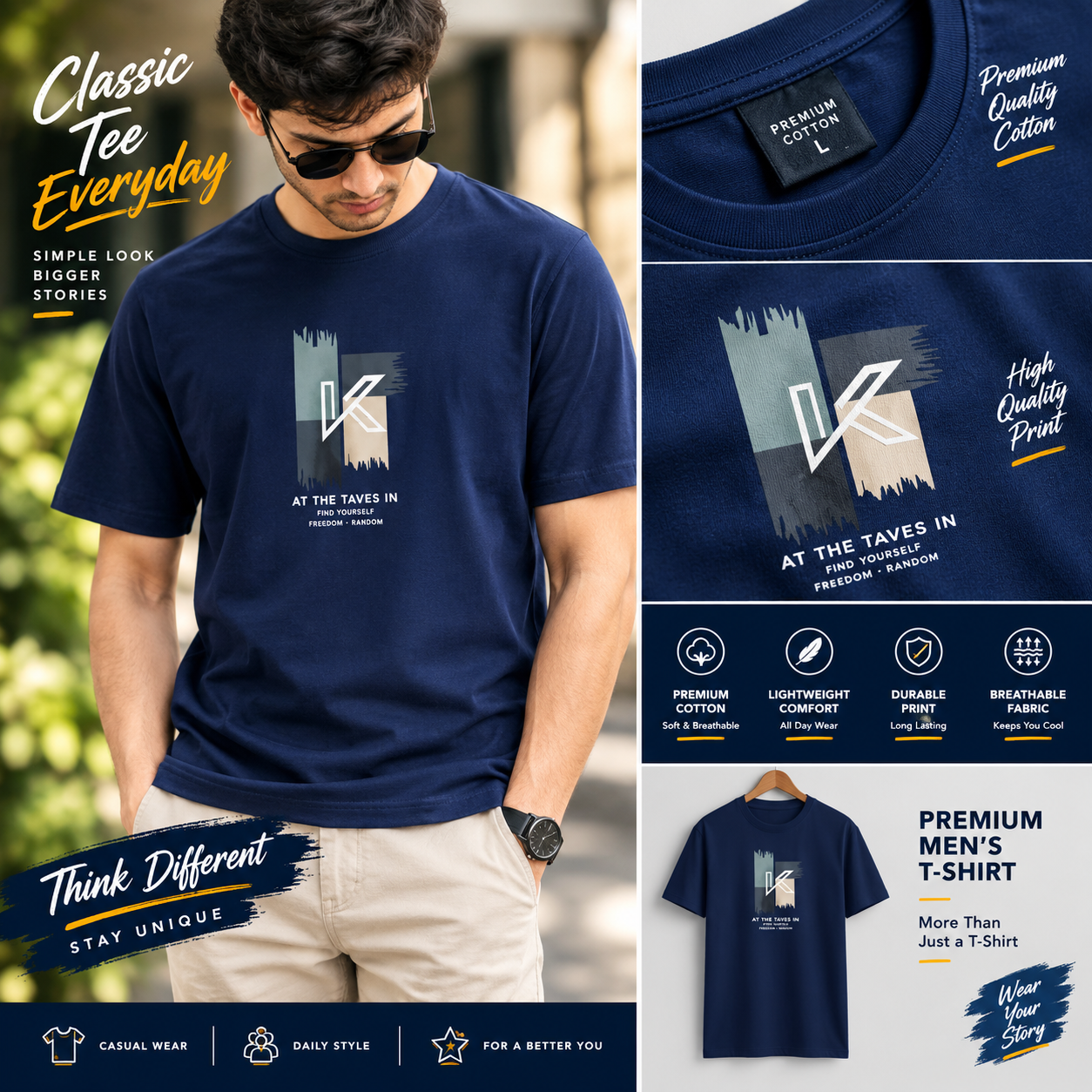 Premium Navy Blue Men's Casual T-Shirt