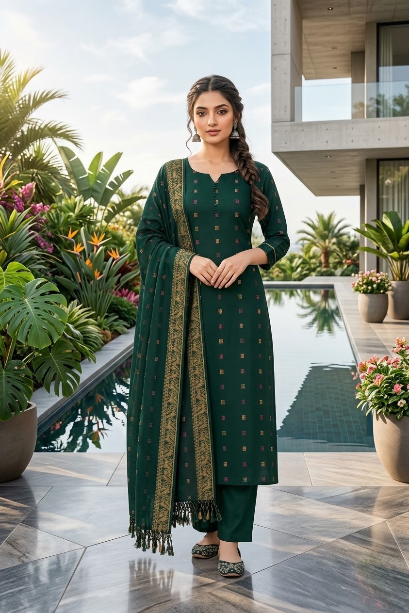 Pure Cotton Handloom Unstitched Three-Piece Set — Elegance in Deep Green
